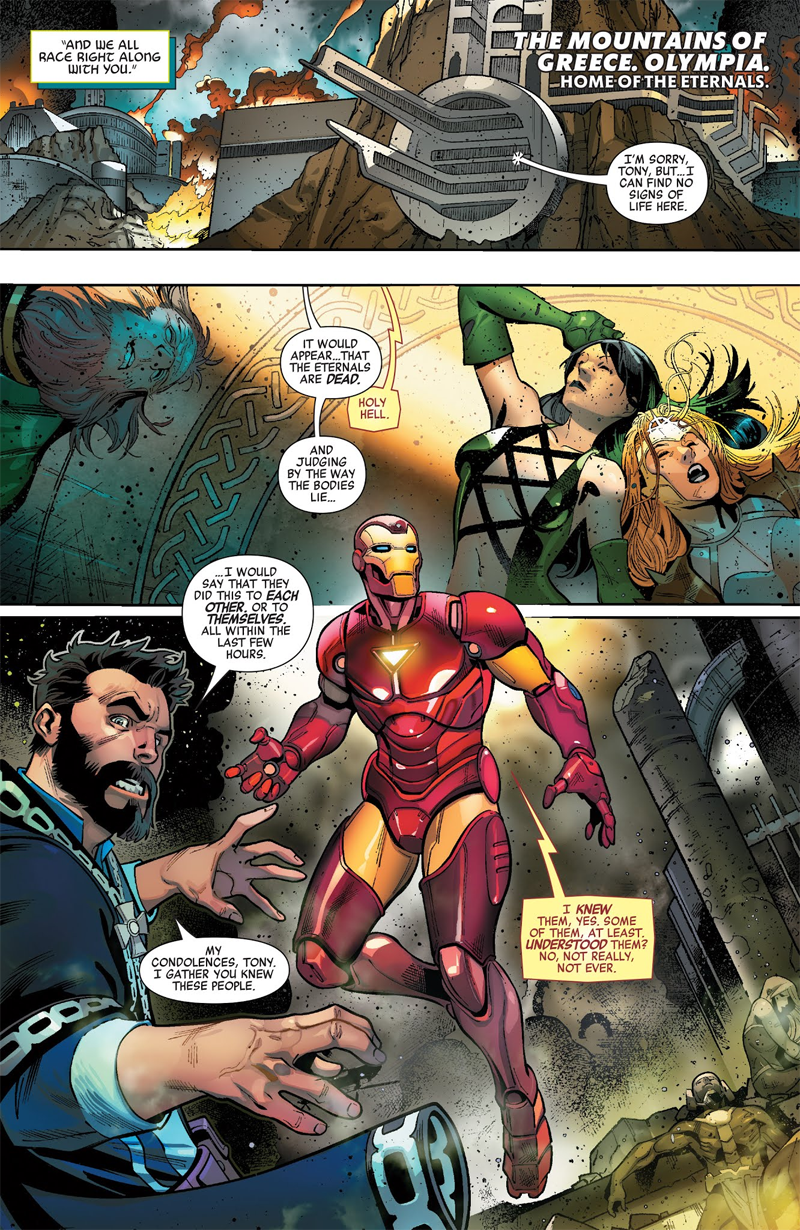 Doctor Strange and Iron Man discover that Olympia has fallen in Avengers #4.